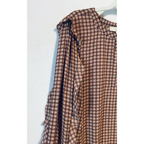 LOFT Top Womens Large Medallion Print Ruffle Sleeve Detail Red Peasant Boho - Picture 3 of 7